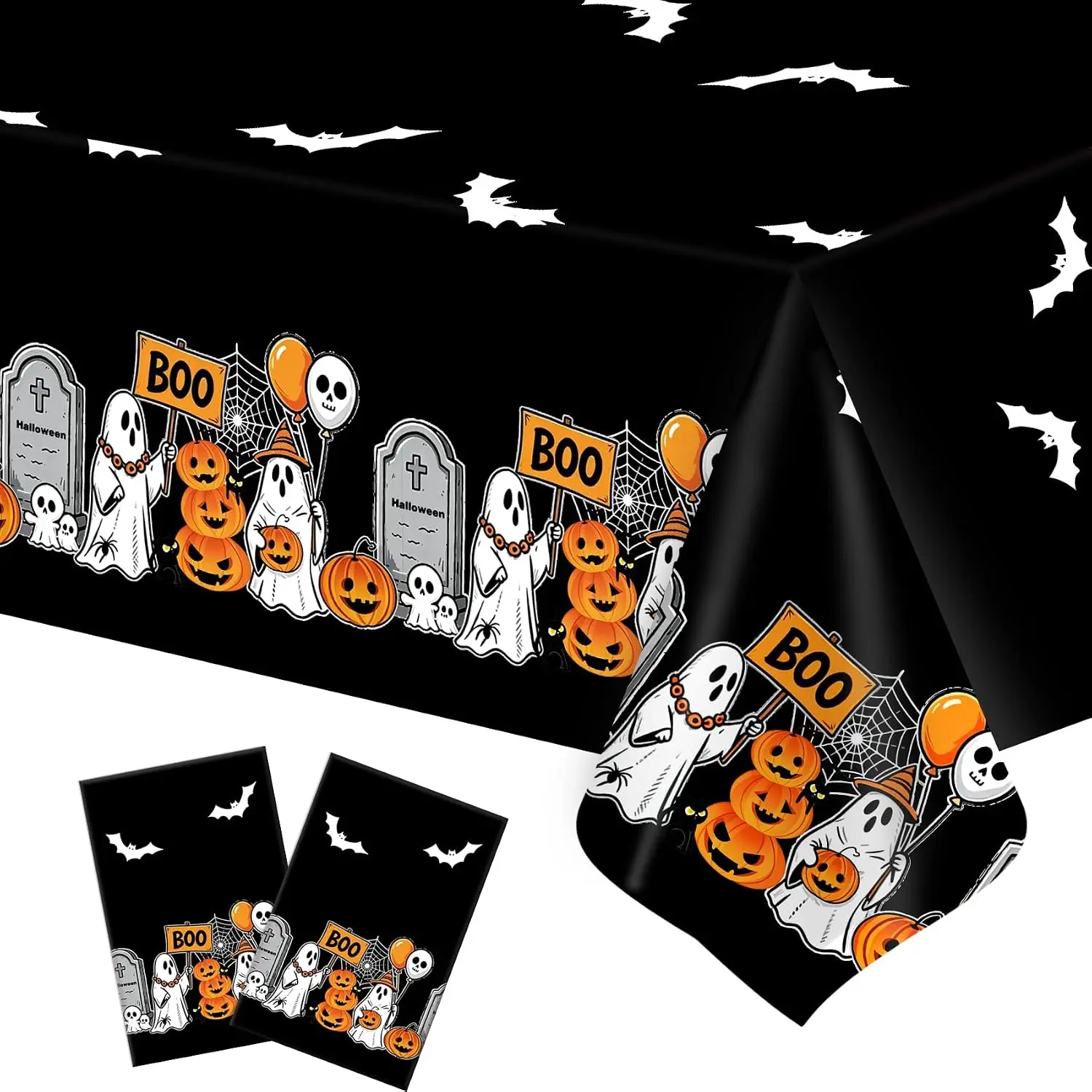 2 PCS Plastic Halloween Tablecloth(54x108 Inch) Disposable Black Orange Table cloth Spider Web Bat Ghost Table Cover Decor Halloween Birthday Party Favors Supplies Decorations Indoor Outdoor