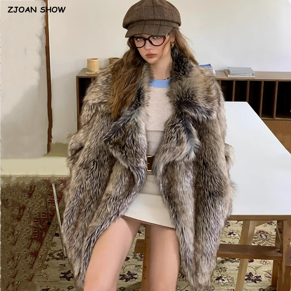 Damski płaszcz zimowy wysokiej jakości z kontrastowymi końcówkami, dużym kołnierzem, futrem, długim rękawem, ciepły, puszysty, z imitacji futra, luźny płaszcz wierzchni, 2025
