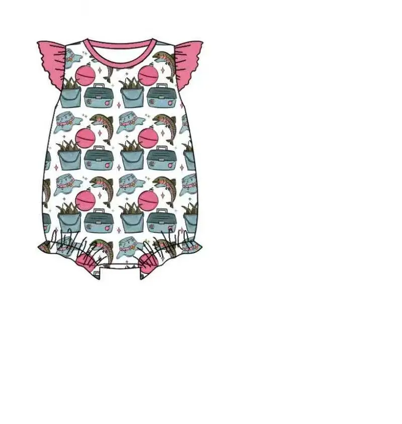 Boutique Casual Fishing Hook Print 2-Piece Kids Shorts & Romper Set Ruffles Dress for Baby Girls