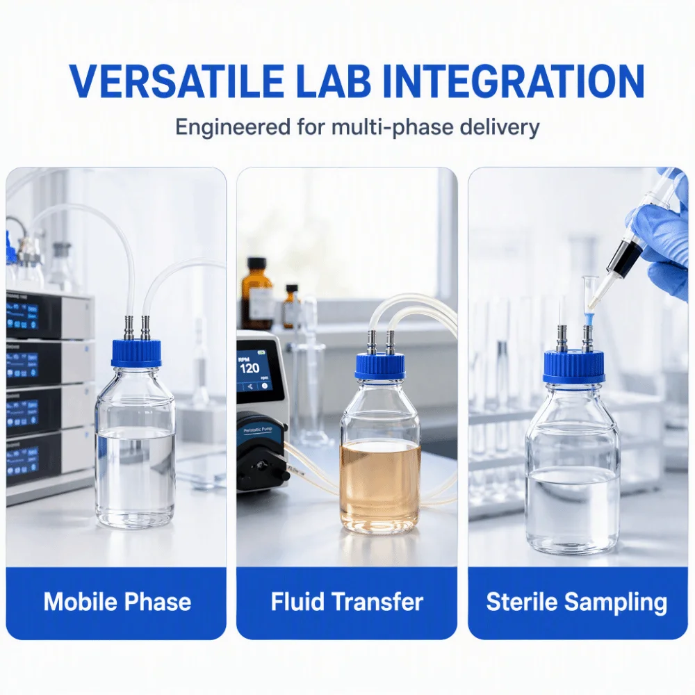 Safety Stainless Steel Mobile Phase Filling Cap 2 Port Design 8mm Diameter Laboratory Sampling Cap Liquid Filling Cap Leak Proof