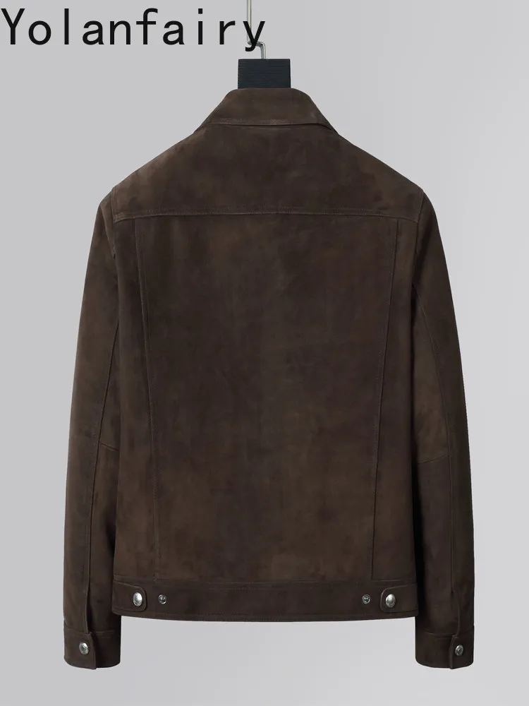 YOLANFAIRY Luxury Real Sheepskin Suede Men Leather Jacket High Quality Slim-fit Genuine Leather Coat Casual Lapel veste homme
