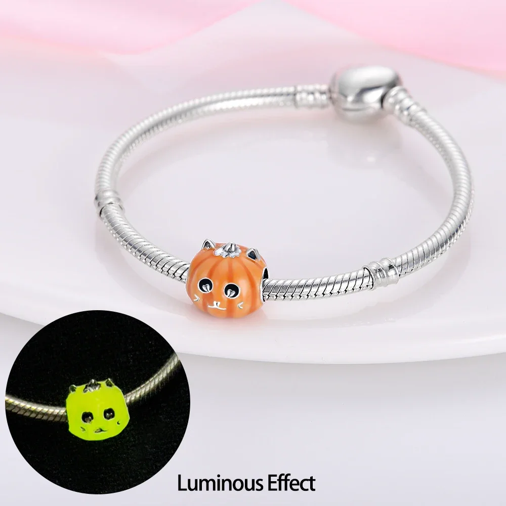 Original 925 Sterling Silver Luminous Beads Charms Pumpkin Ghost Skull Witch Candy for Pandora Bracelet Jewellery Halloween Gift