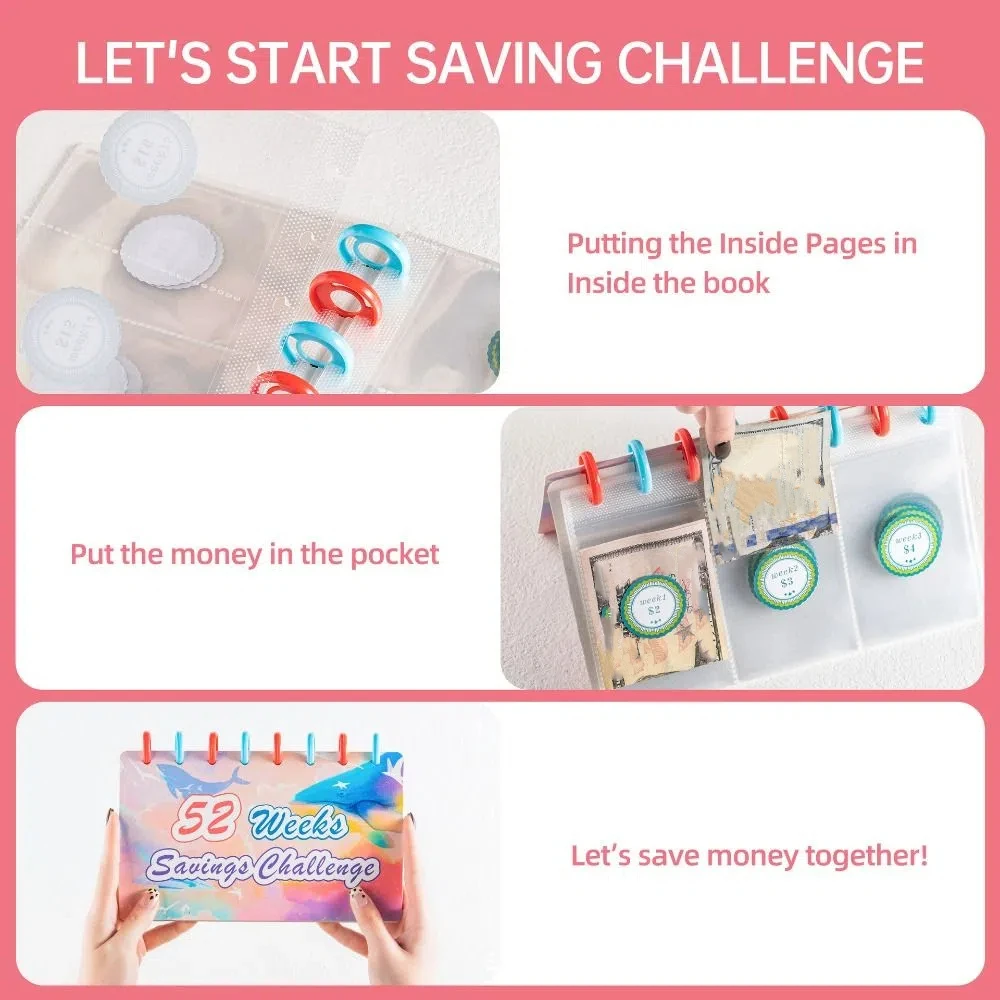 52 Weeks Savings Challenge Notebook Weekly Colorful Cash Envelope Saving Binder Multi Pockets Loose Leaf Budget Binder Planner