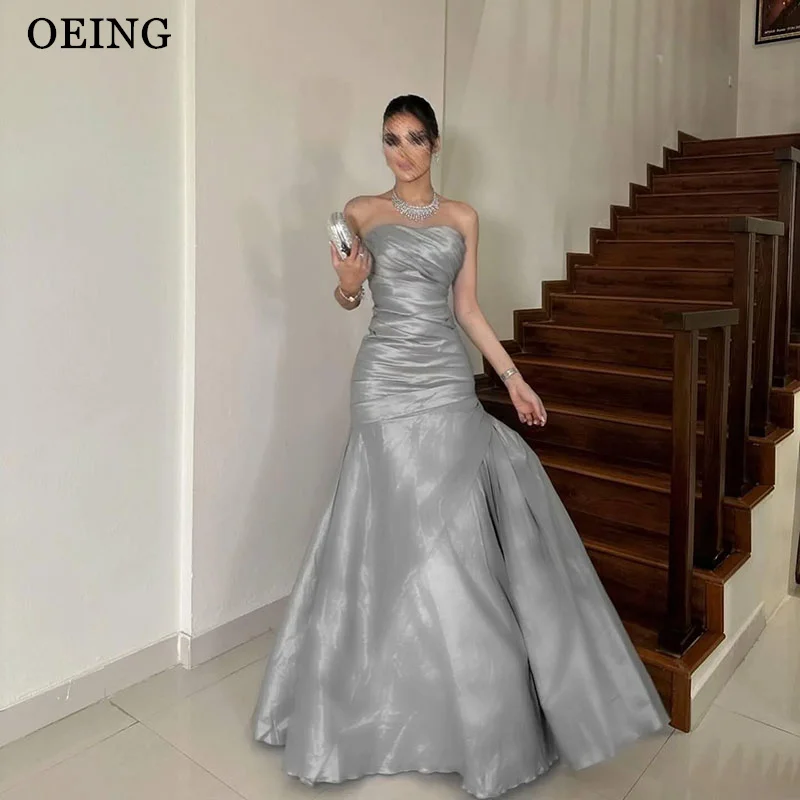 

OEING Elegant Silver Mermaid Prom Dresses Strapless Pleats Sleeveless Party Gowns Floor-Length Evening Dress Customized