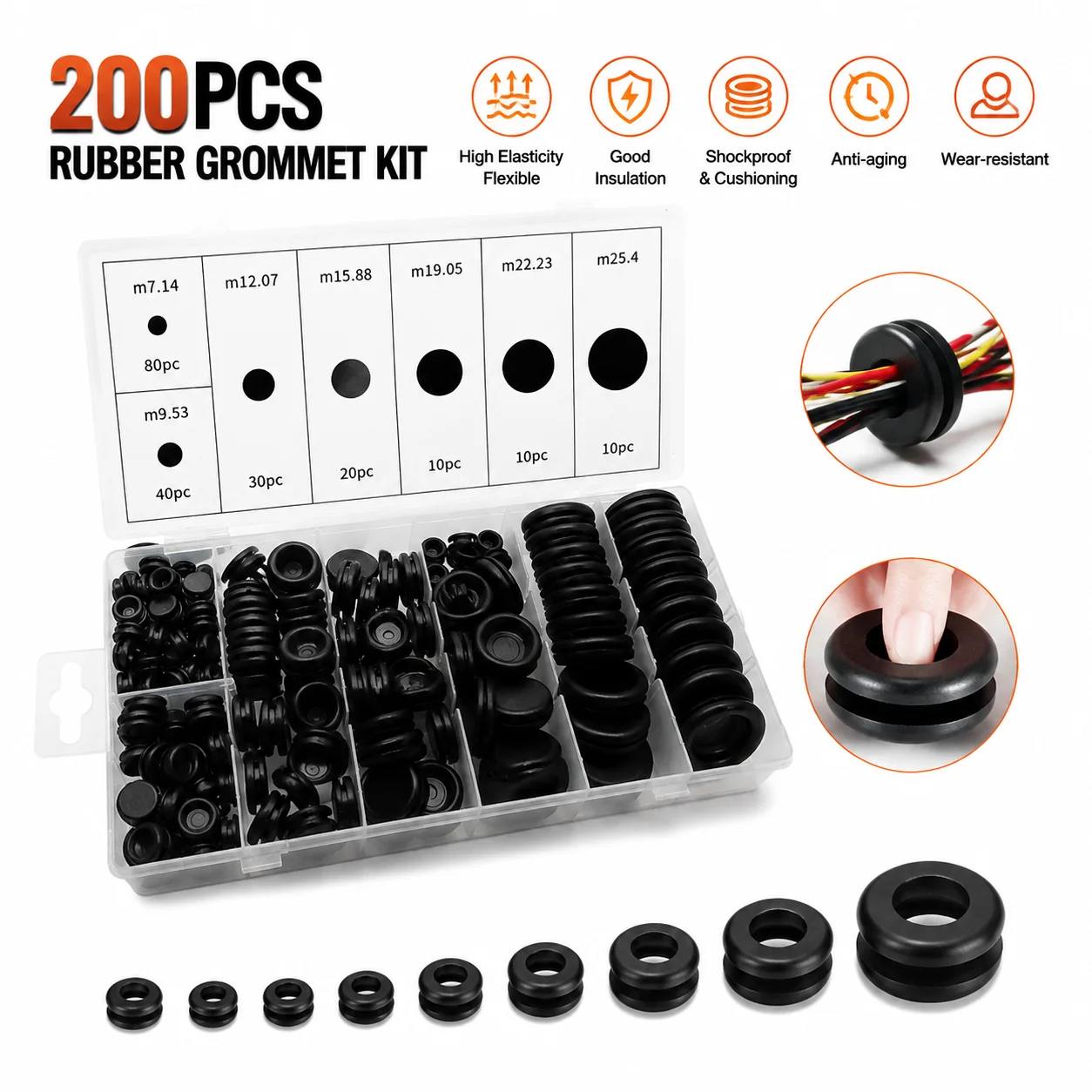 Flame Retardant Black 200 Piece Rubber Combination Kit Sealing Ring, Wear-resistant Gasket for New Energy Wire Harness