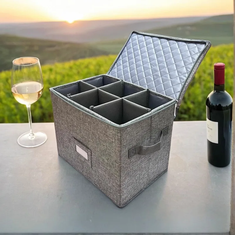 Wine Glass Organizer, Foldable 6-Slot Storage Case, Dustproof Fabric Burgundy Cup Holder, Creative Car Travel Stemware Box