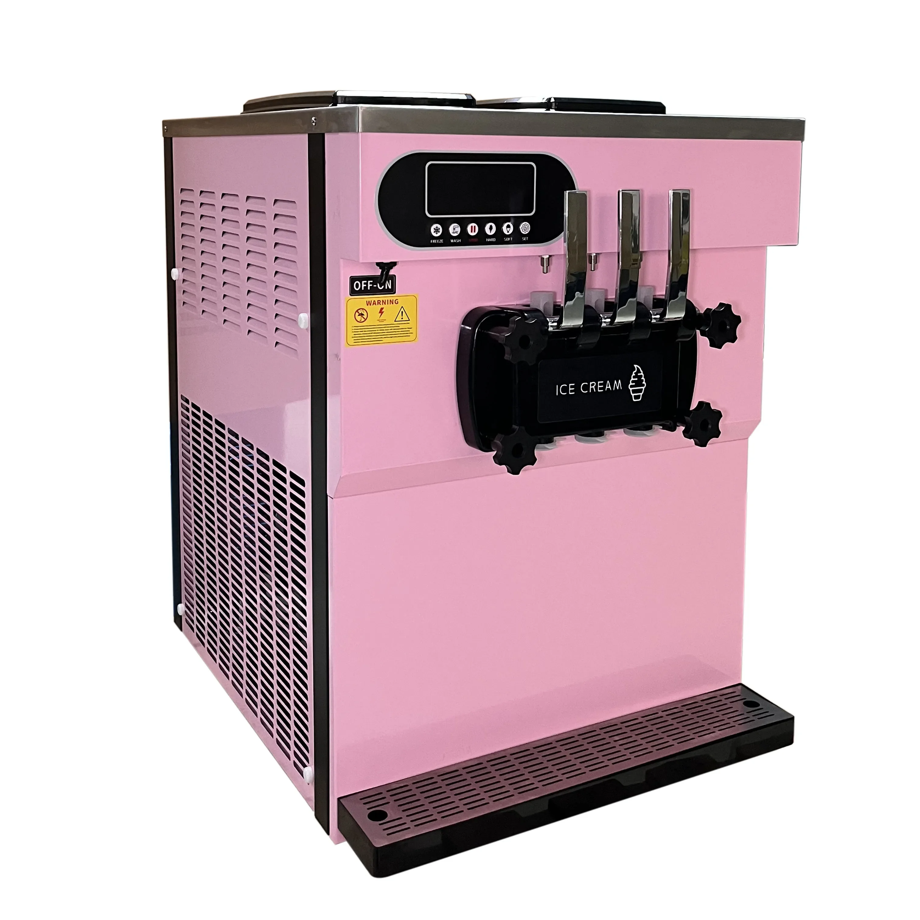 25L/H Pink Color Soft Serve Ice Cream Machine with Air Pump, 2 Hoppers, and 3 Dispensers 110V-230V