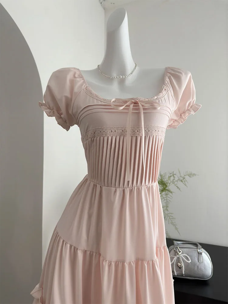 Japanese Fashion Square Collar Ruched A-line Dress Women New Sweet Romantic Long Dress Summer Elegant One-Piece Frocks Mori Girl