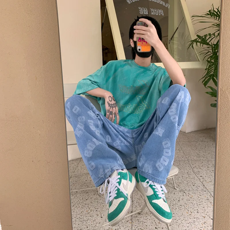 American Street Oversize Jeans Wide Leg Mopping Jeans Dark Vibe Style High Street Pants Men's Loose Straight Tube