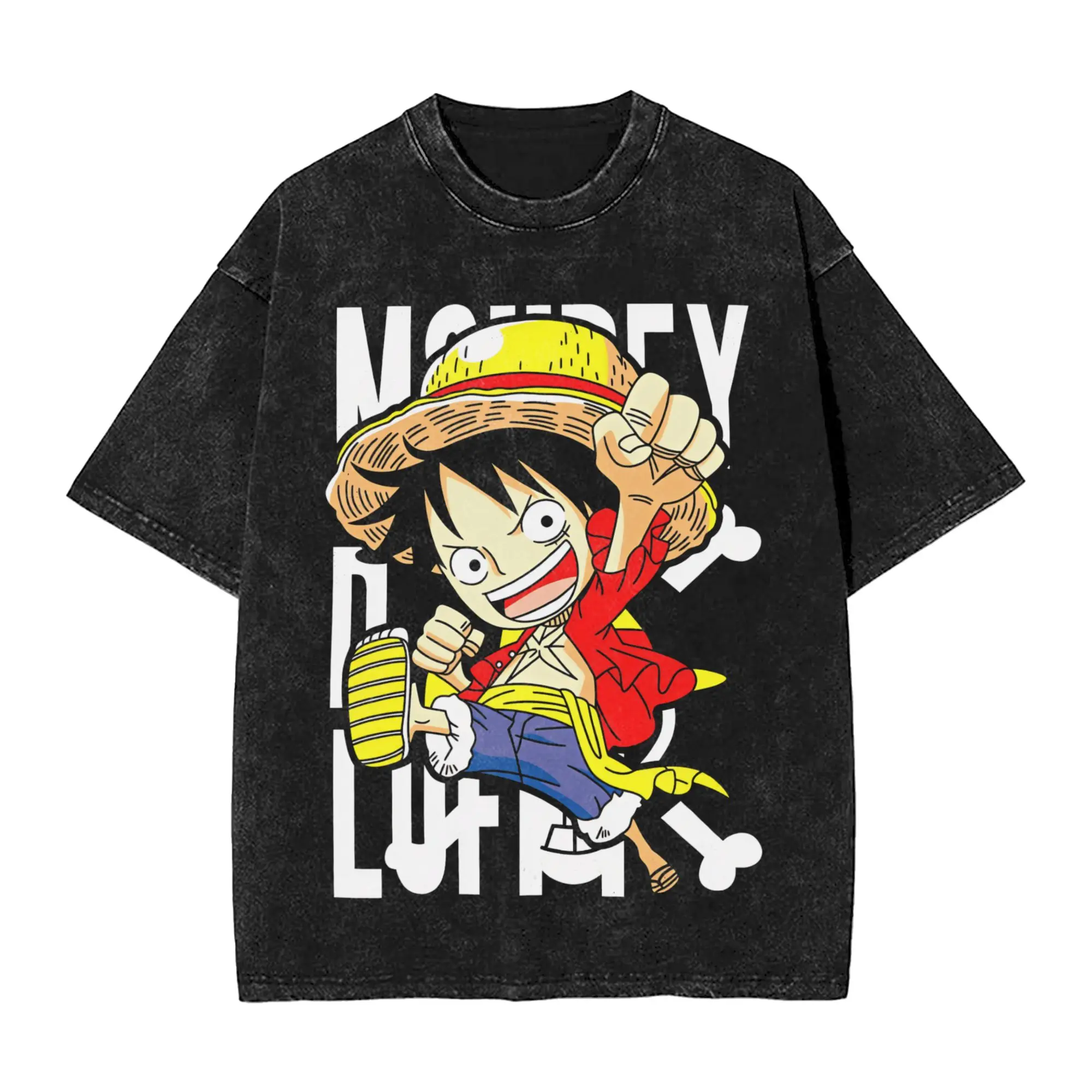 Funny One Piece Luffy Anime T-Shirts Men Round Collar 100% Cotton Washed T Shirt  Short Sleeve Tees Printing Clothing