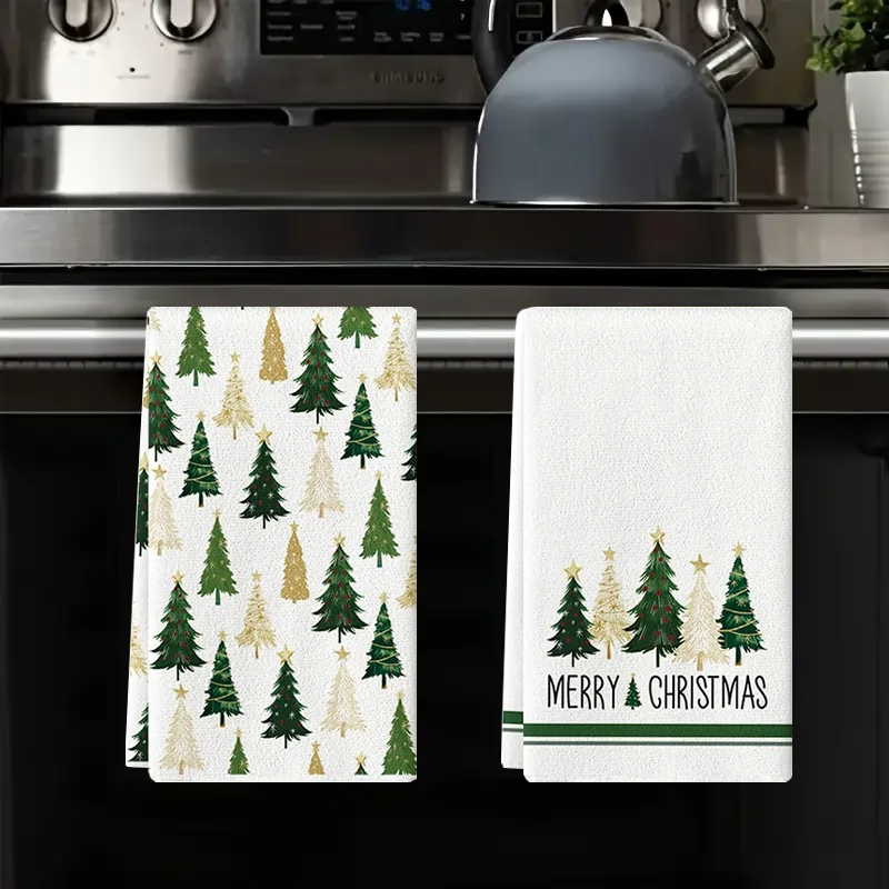 قطعتان، مناشف المطبخ ذات الظل الصنوبر المنقوش لعيد الميلاد، مجموعة مناشف 40 سم * 60 سم، قماش تنظيف ناعم فائق الامتصاص، منشفة شاي للطبخ والخبز، منشفة يدوية، قماش تنظيف، ديكور غرفة المطبخ، أساسيات المطبخ، أساسيات المنزل
