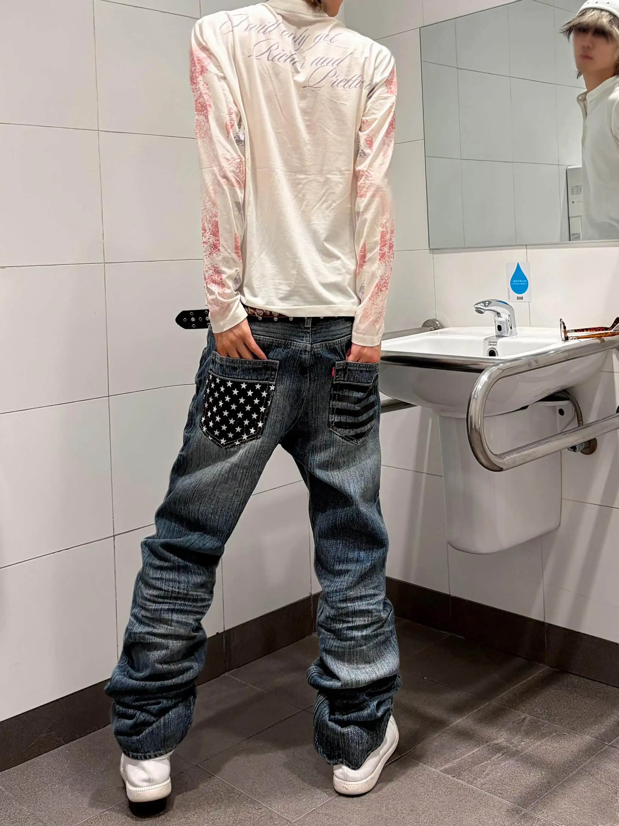 Casual Loose Texture Denim Jeans Men's Women's Back Pocket Print Drape Design Straight Long Trousers Trendy mid Waist Zipper