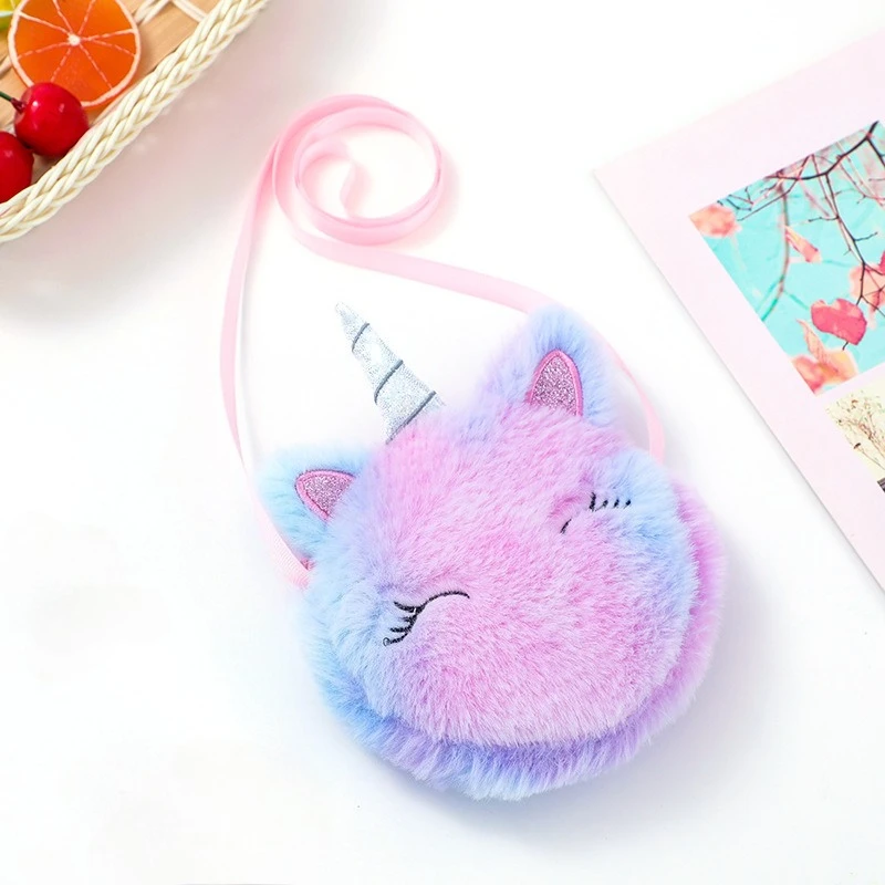 حقائب كتف قطيفة على شكل وحيد القرن كرتونية للأطفال لطيفة ملونة للفتيات الصغيرات حقيبة كروس دائرية فروي محفظة حقائب يد هدايا للأطفال