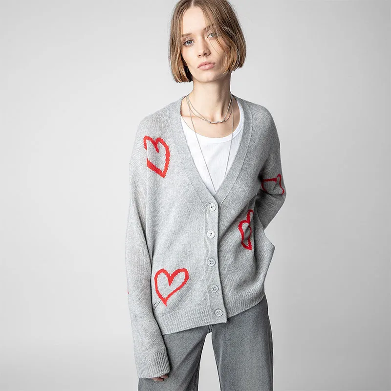 Zadig Women Cardigans New Casual Grey Red Love Jacquard Sweaters Tops Female Cashmere V Neck Fashion Winter Sweater Cardigan