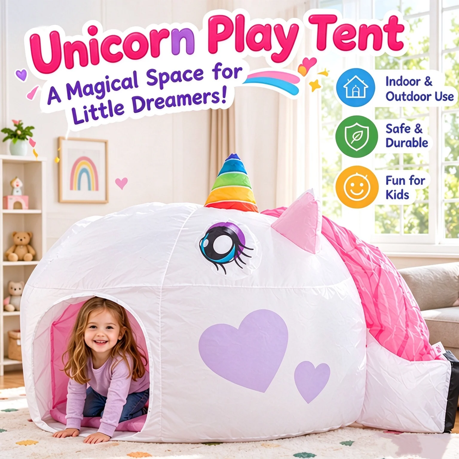 Inflatable Castle Kids Play Tent, Dinosaur & Unicorn Playhouse, Foldable Portable Indoor & Outdoor Play Tent, Quick Inflation, Easy Setup & Storage, Fun Playhouse Toy For Boys & Girls, Birthday Gift (Fan Not Included)
