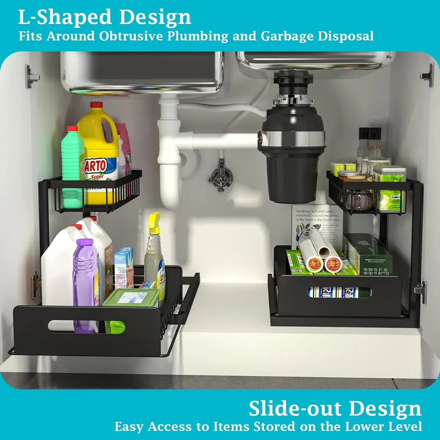 REALINN Under Sink Organizer and Storage, 2 Pack Pull Out Cabinet Organizer Slide Out Sink Shelf Cabinet Storage