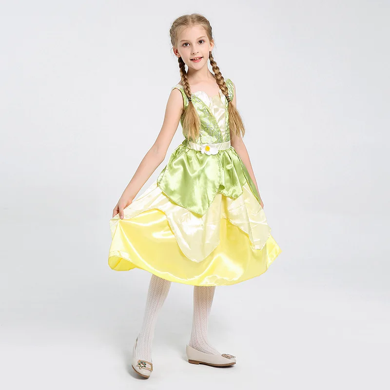 Tiana Costume Girl Dress Up Princess Girls Cosplay Role Playing Party Costumes Children Sleeveless Carnival Princess Halloween