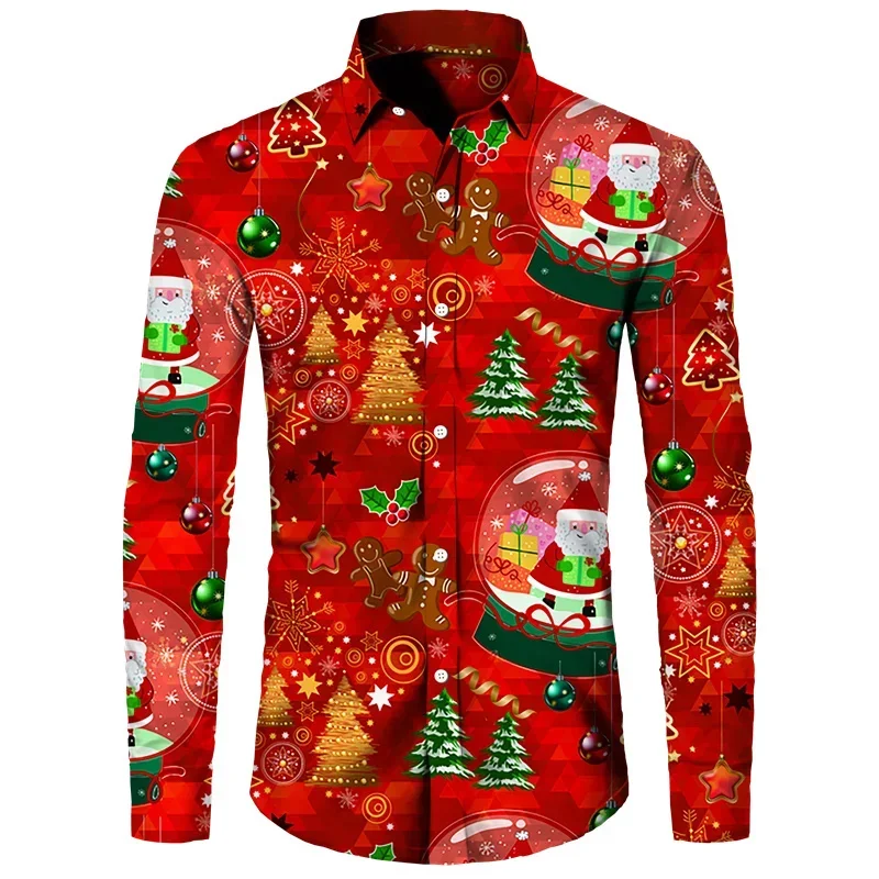 Classic Santa Claus shirt printed long sleeved shirt for men, fashionable casual shirt, breathable and comfortable shirt, men\'s