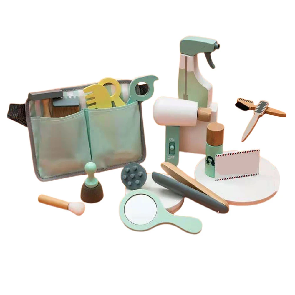 1 conjunto 1 conjunto crianças corte de cabelo jogar conjunto kit barbeiro de madeira para crianças educacional fingir jogar ferramentas ferramenta corte de cabelo de madeira