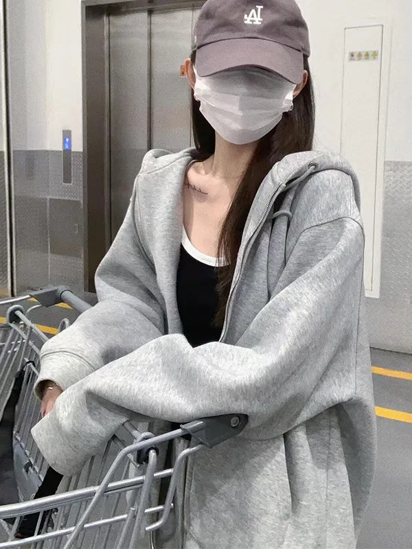 Gray Hoodie Jacket Women's Loose Fit Long Sleeve Zipper Cardigan Early Autumn Casual Style Cotton Inner Liner Hooded Coat