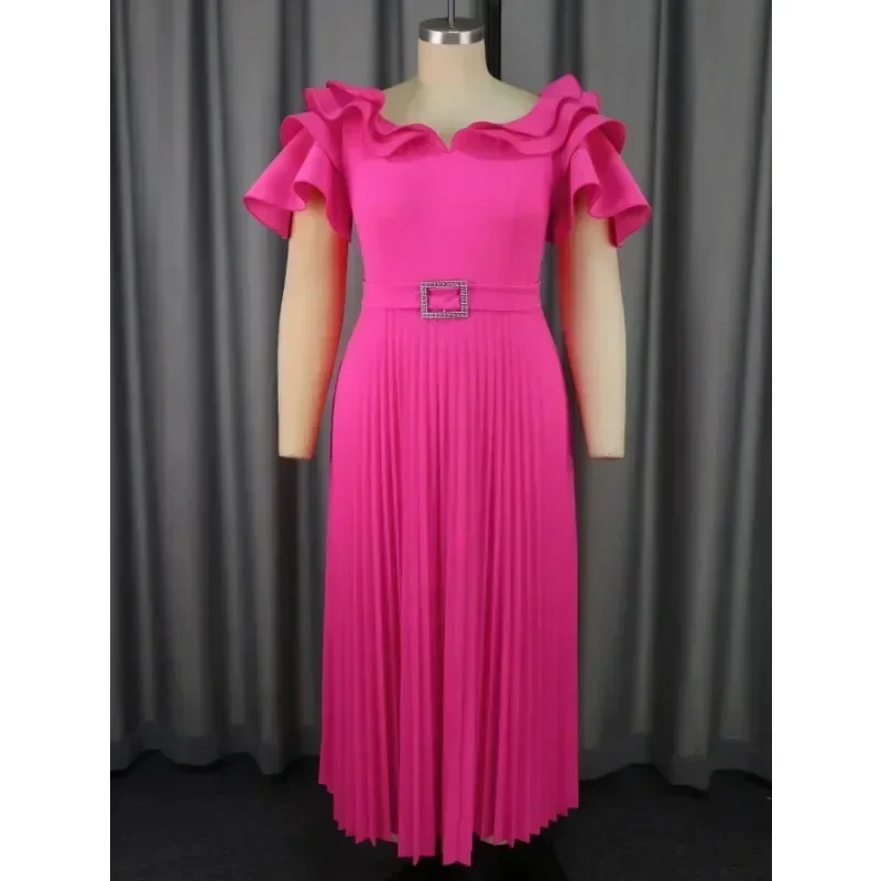 فستان نسائي أنيق طويل بطيات للحفلات المسائية مكشكش ورقبة دائرية وأكمام قصيرة وخصر عالي مع حزام لحفلات الزفاف للضيوف #1