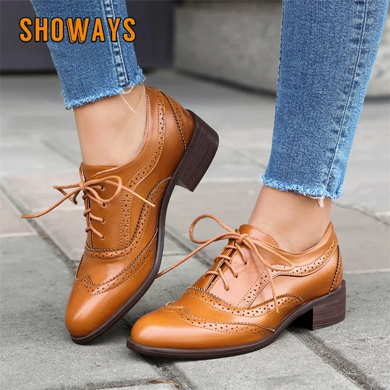 

British Women Oxfords White Black Brown Mid Square Toe Heels Round Toe Derby Brogues Fretwork Vintage Lace Up Dress Ladies Pumps