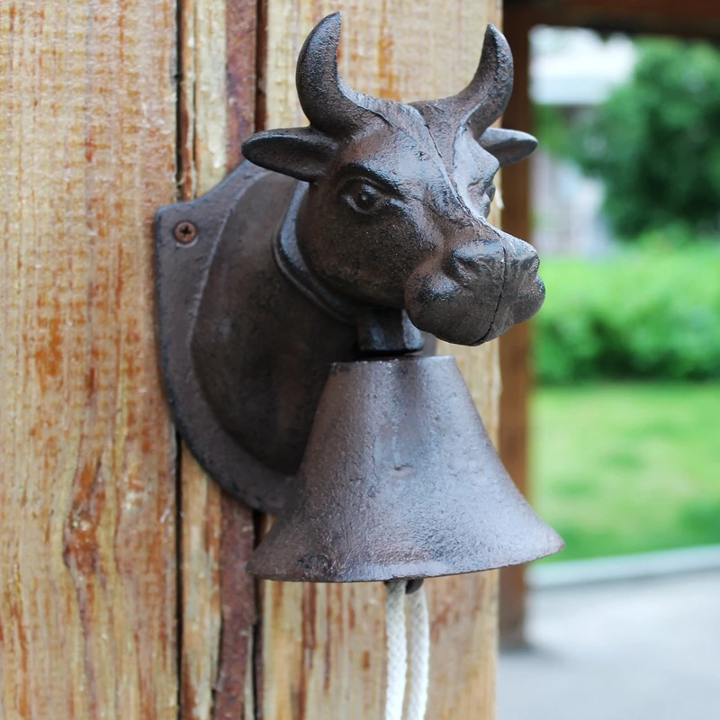 Ironwork Antique Hand Crank Door Bell Wall Ornament Cast Iron Bull Head Door Chime Entrance Alert Bell Large Sound Foyer Decorat
