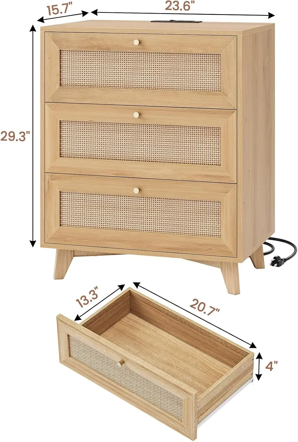 [한정 재고! 충전 스테이션이 있는 라탄 나이트스탠드 2개 세트, 3개의 대형 위커 장식 서랍이 있는 천연 라탄 나이트스탠드