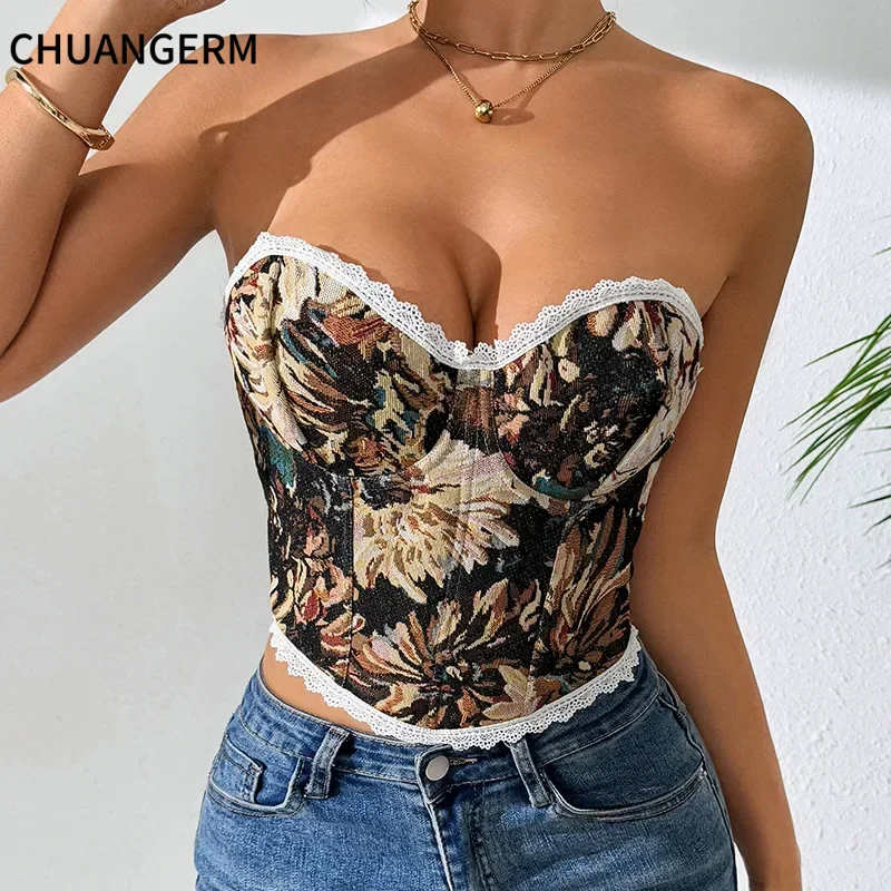 CHUANGERM Vintage Floral Strapless Corset Tank Lace Trim Boned Slim Crop Bustier Retro Daily Party Sleeveless Camisole Fishbone
