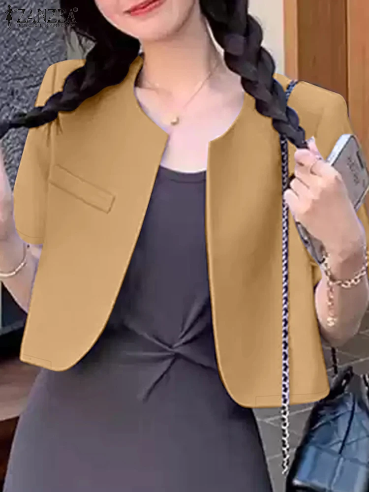 

ZANZEA Office Wear Open-Front Shirts Short Sleeve Elegant Casual O-Neck Tops 2025 Summer Soild Lightweight Woman Short Cardigans