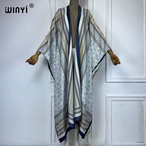 WINYI boho print Kimono maxi Cardigan beach outfits cover up women kaftan evening dress long down coat party dress beach wear