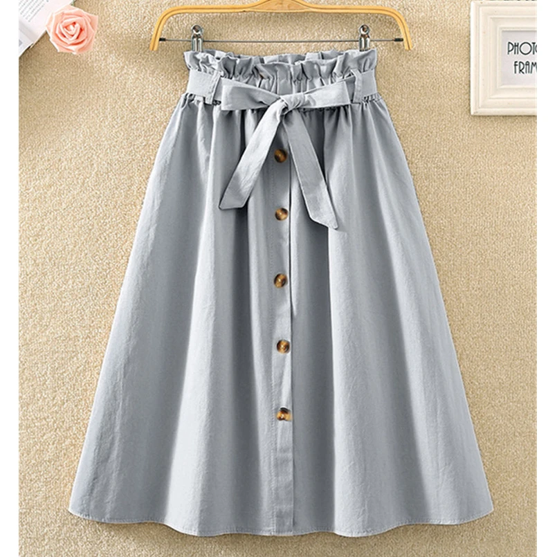 Summer New High Waist Elastic Pocket  Artistic Full Skirt Single Button Half Skirt Korean Style Versatile Pure Color A-L...
