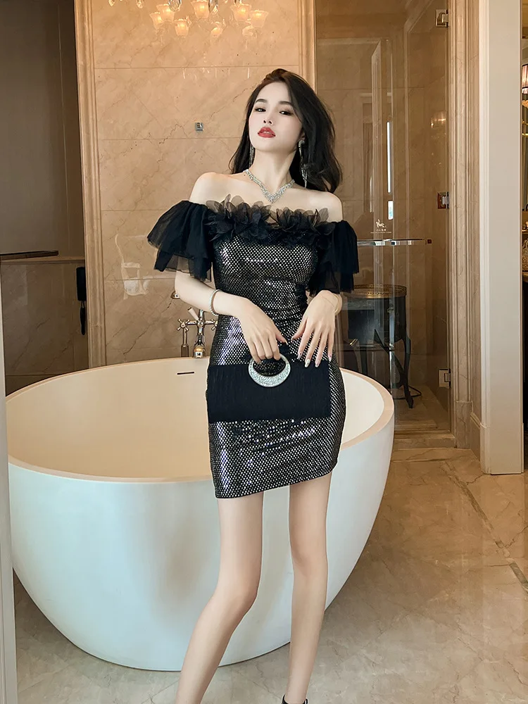 

Coigarsam Women's Summer Dress 2024 New Sexy Solid Slash Neck Zipper Sequins Black Dresses
