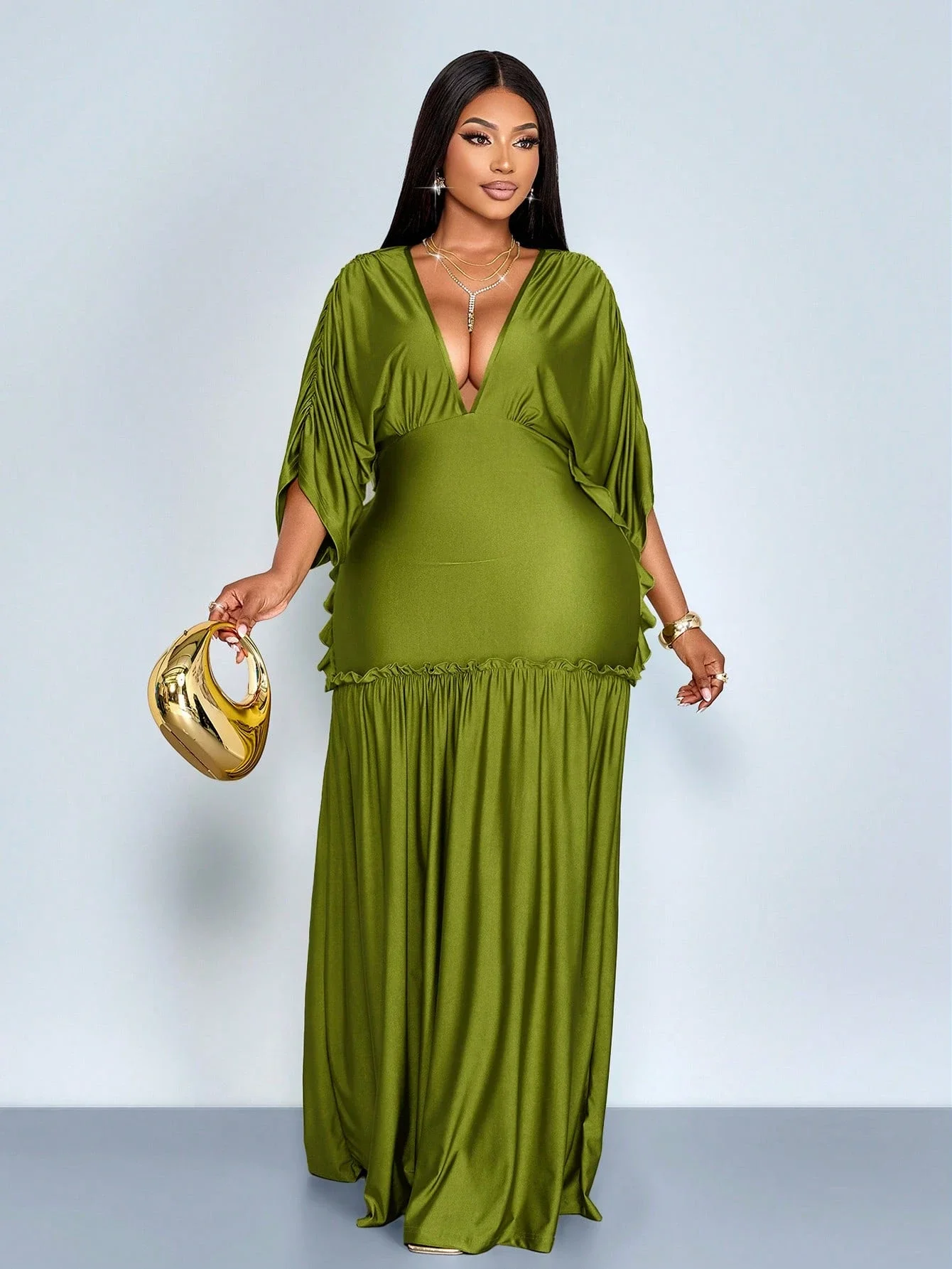 

Plus Size Glossy Solid Color Deep V-Neck Batwing Sleeve Ruffled Hem Floor-Length Dress