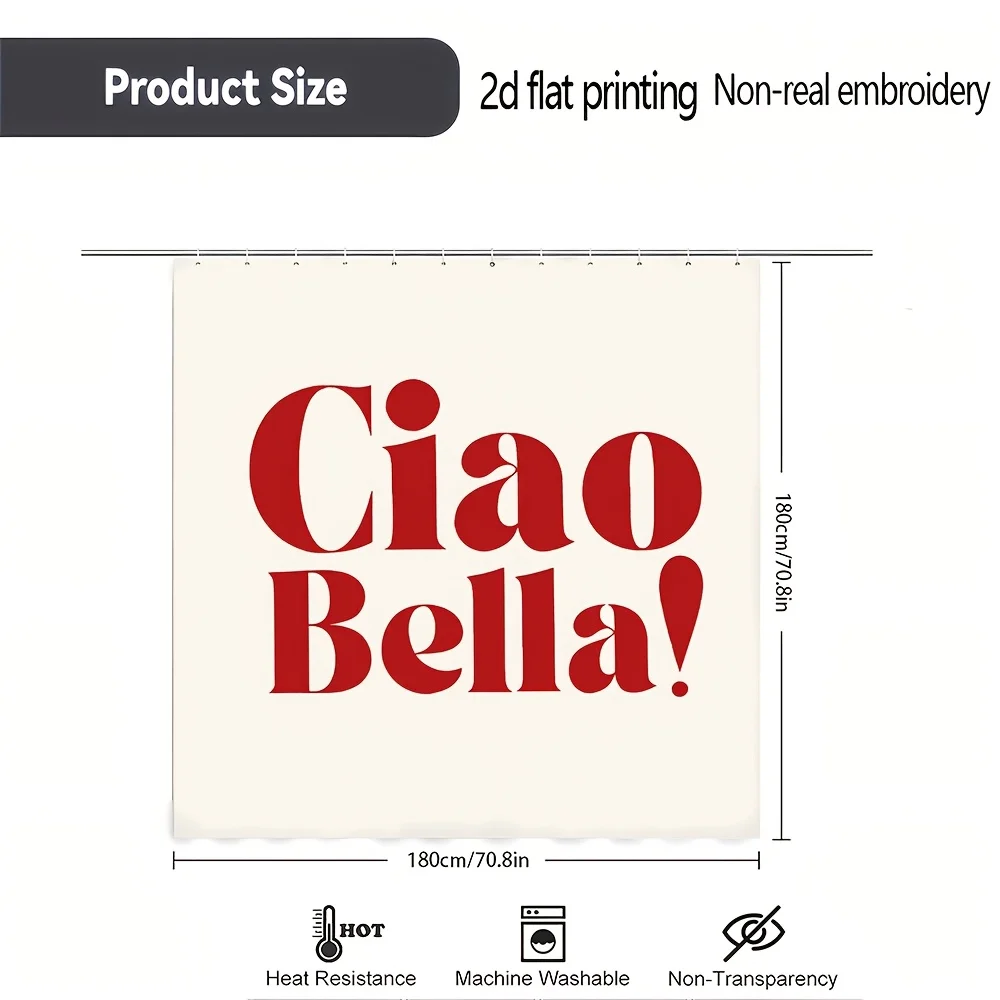 Chic Ciao Bella Shower Curtain Waterproof Novelty Bathroom Decor Italian Print Red Typography Liner Curtain Screen Gift for Wome