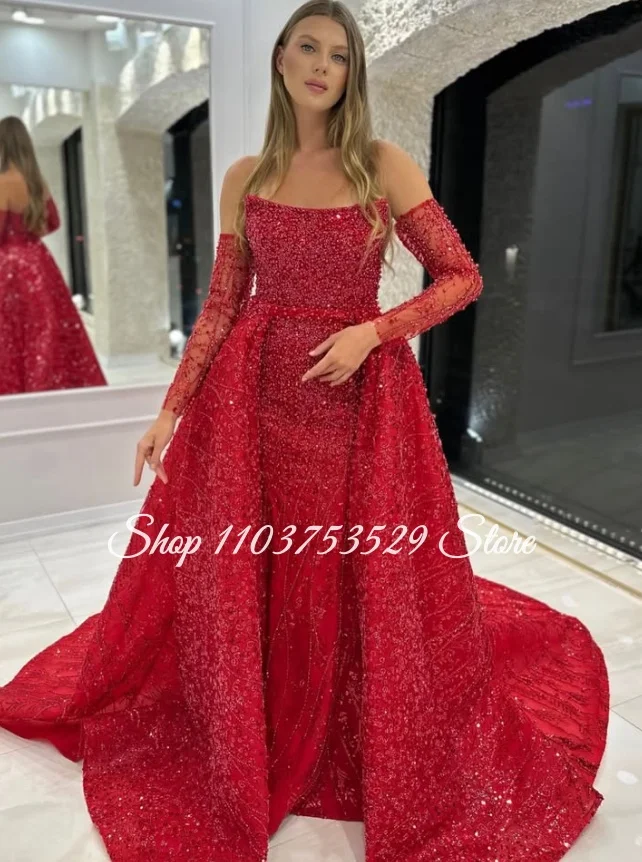 Maßgeschneidertes rotes trägerloses Hochzeitskleid mit wunderschöner Perlenstickerei und abnehmbarer Schleppe – Brautkleid für afghanische Bräute, Henna-Nacht, Nikkah-Kleid 2026
