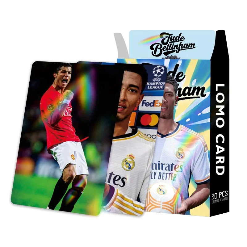 Jude Bellingham 30Pcs Laser Flash Holographic LOMO Cards Soccer Star Photo Cards Boxed Collectible Greeting Cards Gift Merch