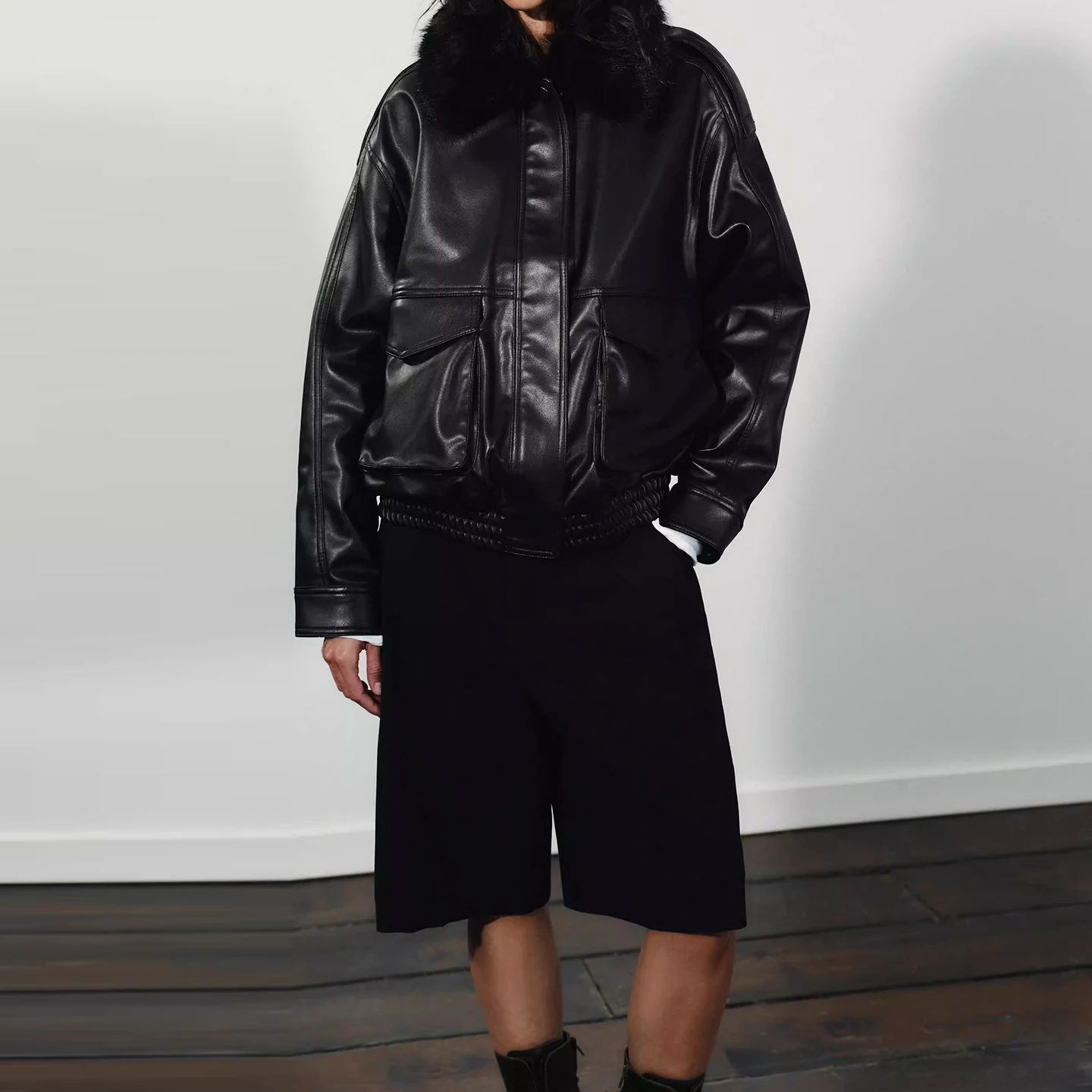 Faionable Abnehmbarer Kunstlederkragen Jaet Damen Premium Ledermantel Z Brand Commute Sle Long Sve