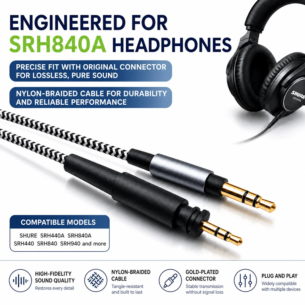 HiFi Nylon Braided Headphone Cable For Shure SRH840A SRH440A SRH840 SRH440 SRH940 Replacement Audio Wire 3.5 To 2.5mm