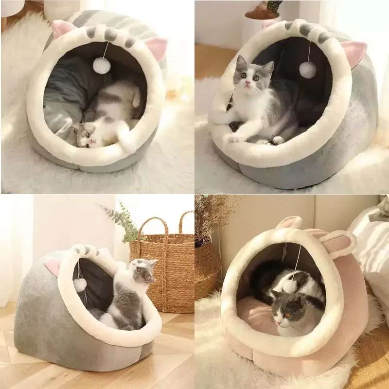 Semi Enclosed Cute Cat Dog Bed Pet Kennel Doghouse Upholstered Puppy Kitten Tent Pet Supplies Warm Cat Bed Cave
