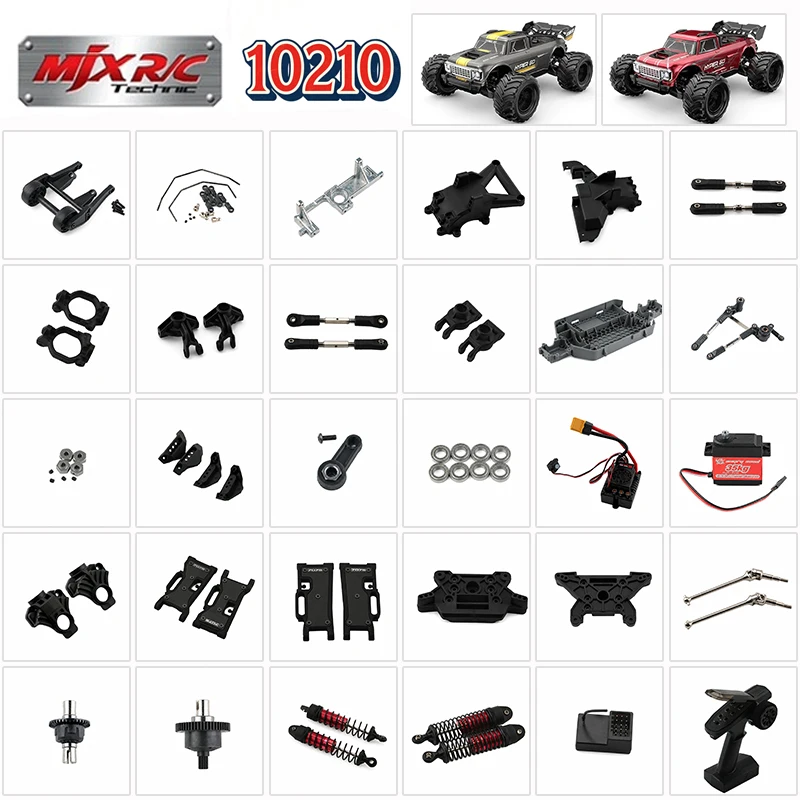 MJX 10210 – oryginalne części zamienne: mechanizm różnicowy, wał napędowy, serwomotor, regulator prędkości (ESC), ramię, amortyzator, drążek, uchwyt na oponę.