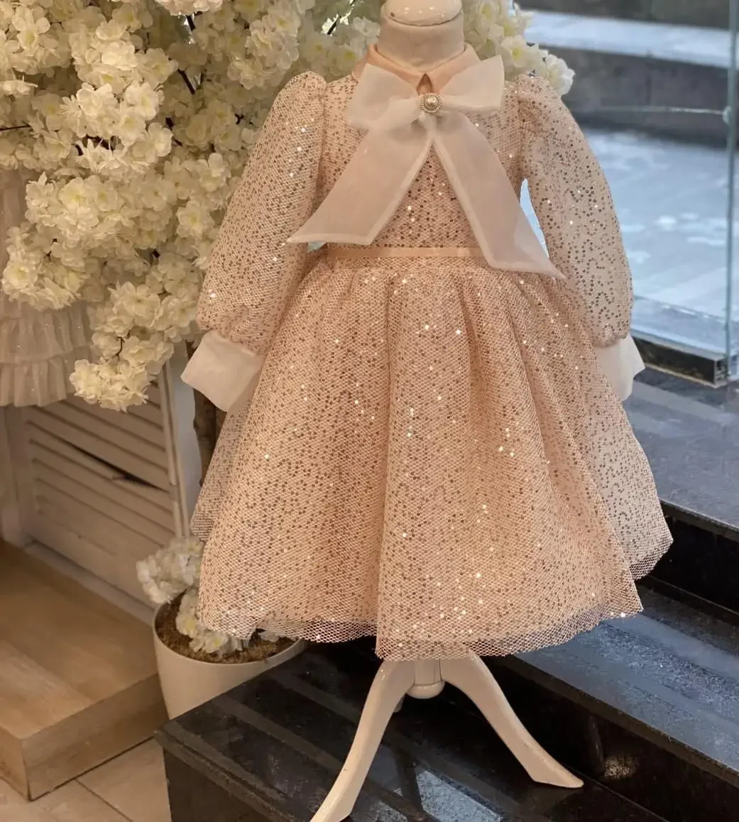 Sukienki dla dziewczynek z cekinami w kolorze szampana, szyte na miarę, z wysokim dekoltem i długim rękawem, sukienki urodzinowe dla niemowląt, sukienki na konkursy piękności, sukienki księżniczki na przyjęcia.
