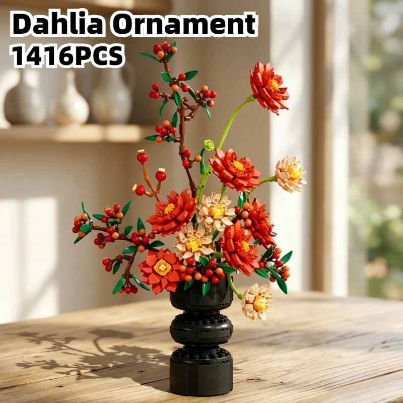 

1416PCS Dahlia Flower Garden Building Blocks Bouquet Home Decoration Ideal Valentine's Day Birthday Christmas Gifts