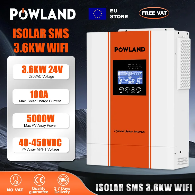 Inwerter hybrydowy POWLAND 3.6KW 24V 230V z czystą sinusoidą, podwójne wyjście AC, obsługa bez baterii, system solarny do kampera, inwerter z wejściem PV 5000W.