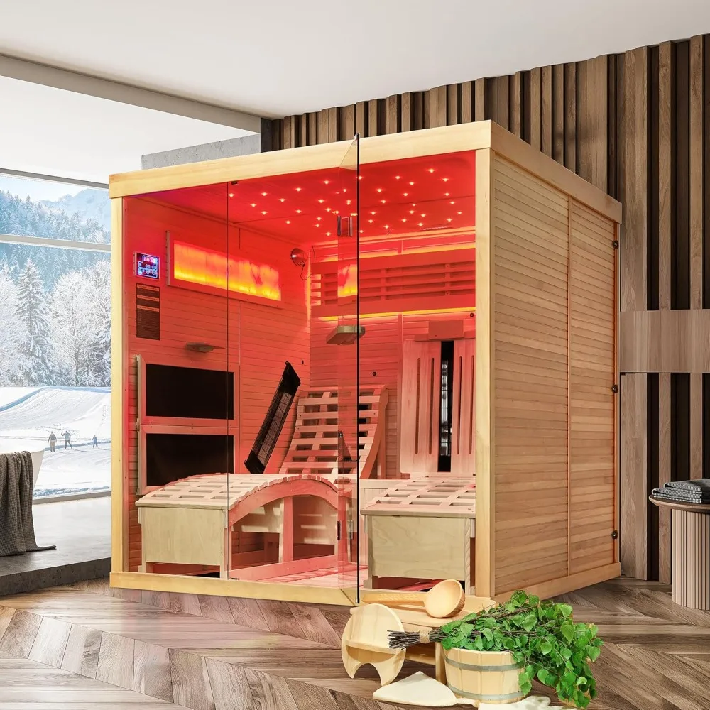 Infrared Sauna,2 Person Luxurious Indoor Sauna with Recliner, Wooden Sauna with 7-Color Starry Ceiling,9 Heating Tubes