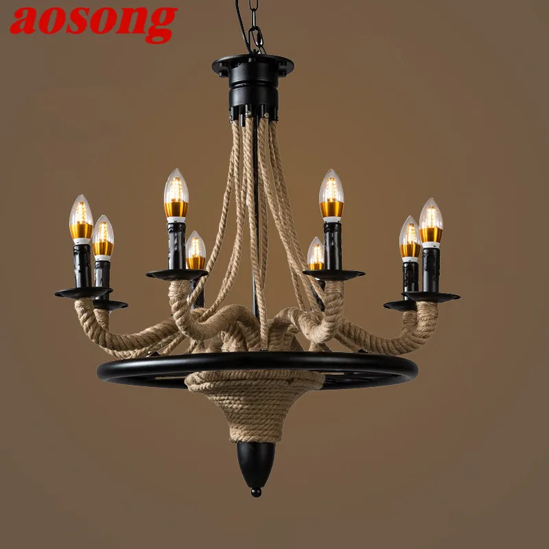 AOSONG American Style Retrohemp Rope Chandelier Nostalgic Loft Industrial Style Internet Cafe Restaurant Hot Pot Shop Pendant