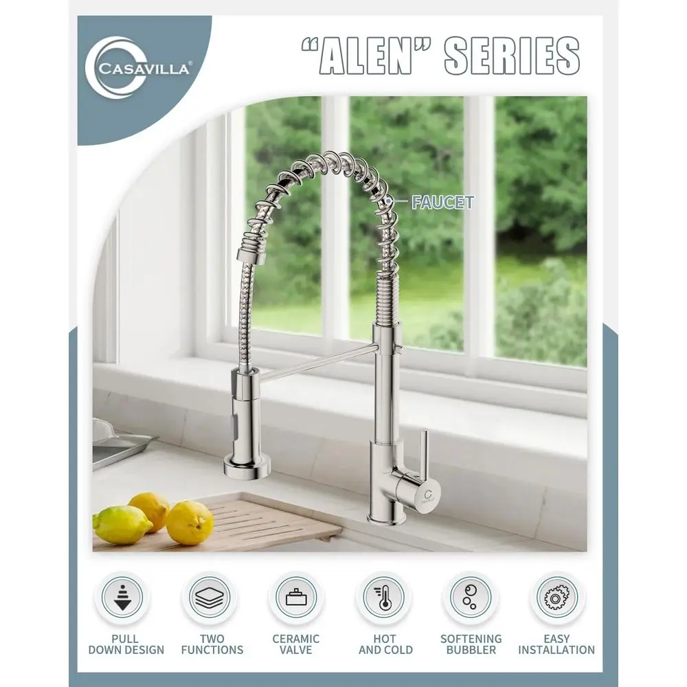 Pull-Down Spray Single Handle Brushed Nickel Stainless Steel Commercial Kitchen Faucet