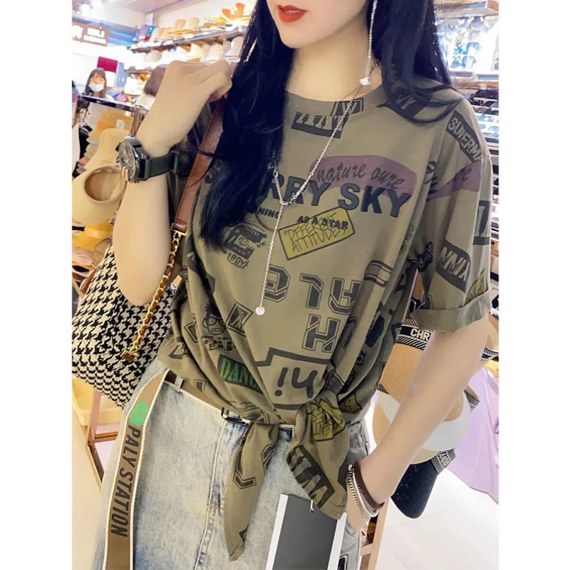 European Station Summer T-shirt Women's 2023 New European Fashion Nostalgic Round Neck Print Letter Knot Top Cotton