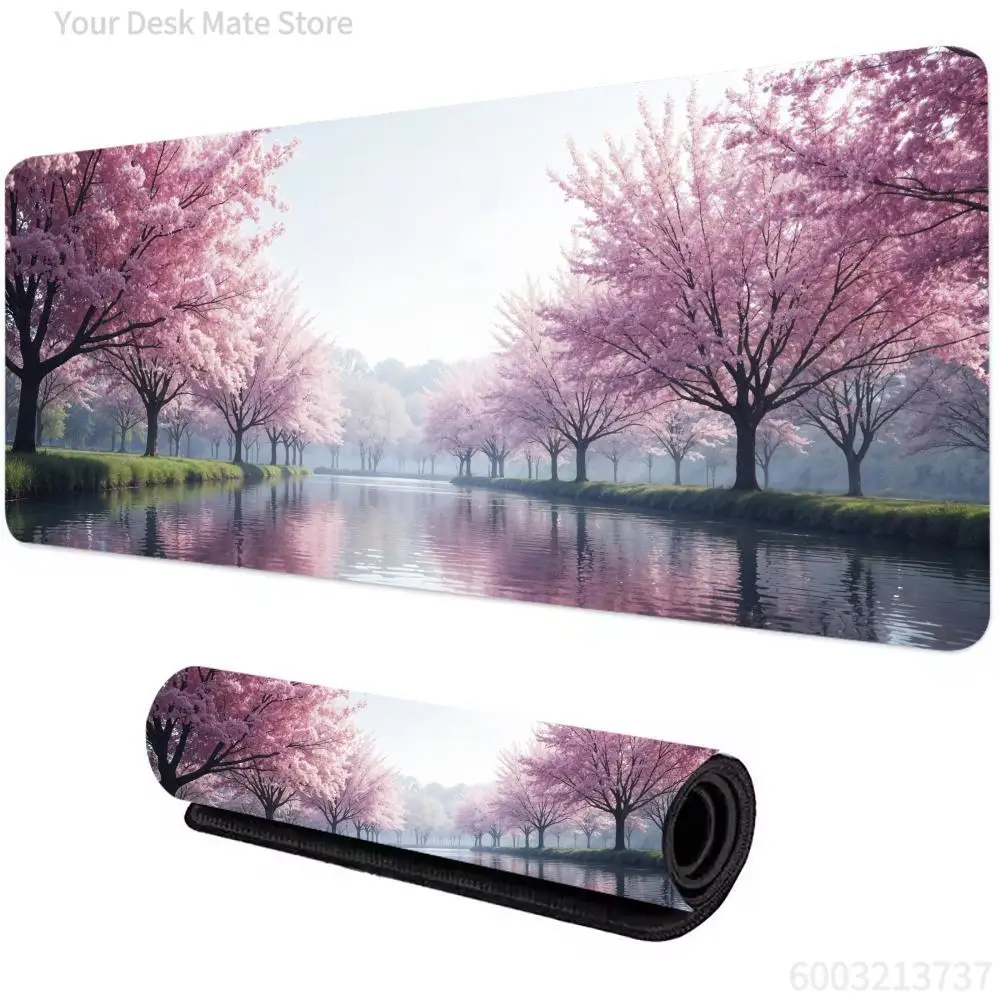 Scenic Cherry Blossom River Large Gaming Mouse Pad, Nature Landscape Non‑Slip Extended Desk Mat