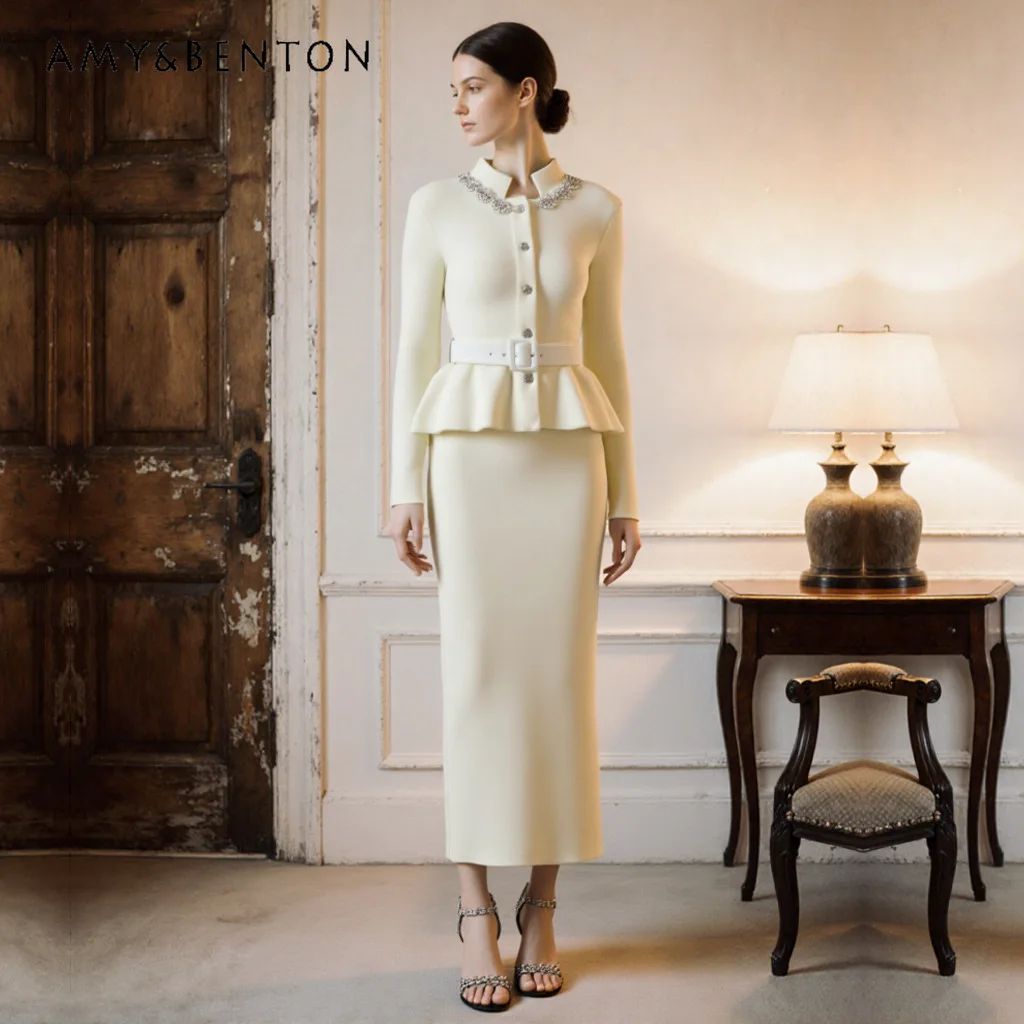 

Осенне-зимний комплект: женское белое вязаное платье с длинным рукавом во французском стиле для повседневной носки, универсальное, для дня рождения, вечеринки, корпоратива